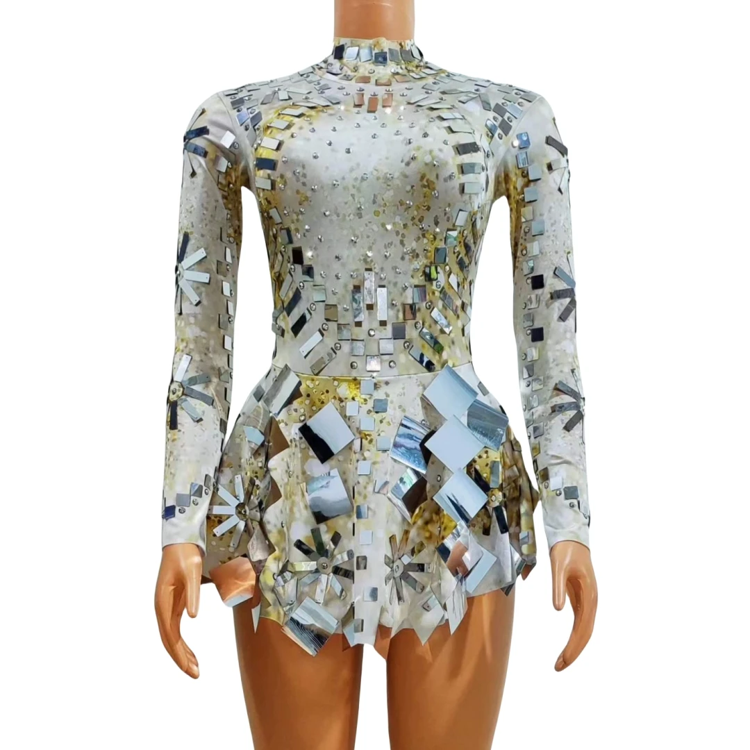 

Stretch Sequins Mirror Women Bodysuits Dancewear Singer Long Sleeve Drag Queen Costume Rave Festival Night Out Body Suits