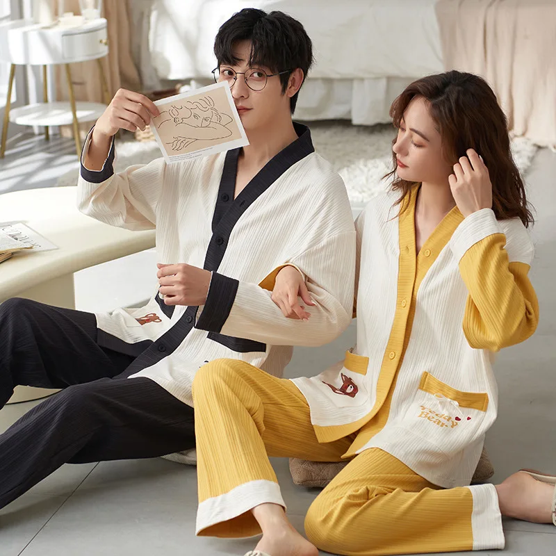 Couples Kimono Pajamas Set Women Nightwear Men Sleepwear Autumn Spring nightie Long Sleep Tops Pant Pjs Home Clothes Free Ship