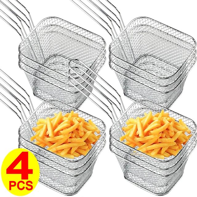 Square Fry Basket Stainless Steel Mesh Colander French Fries Chips Holder with Handle Kitchen Handheld Fry Cooking Accessories