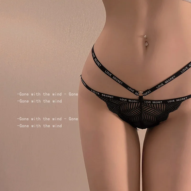 

European and American Style Letter English Tape Metal Ring Buckle Hollow Sports Thin Belt Briefs Ladies Low Waist Lace Sexy