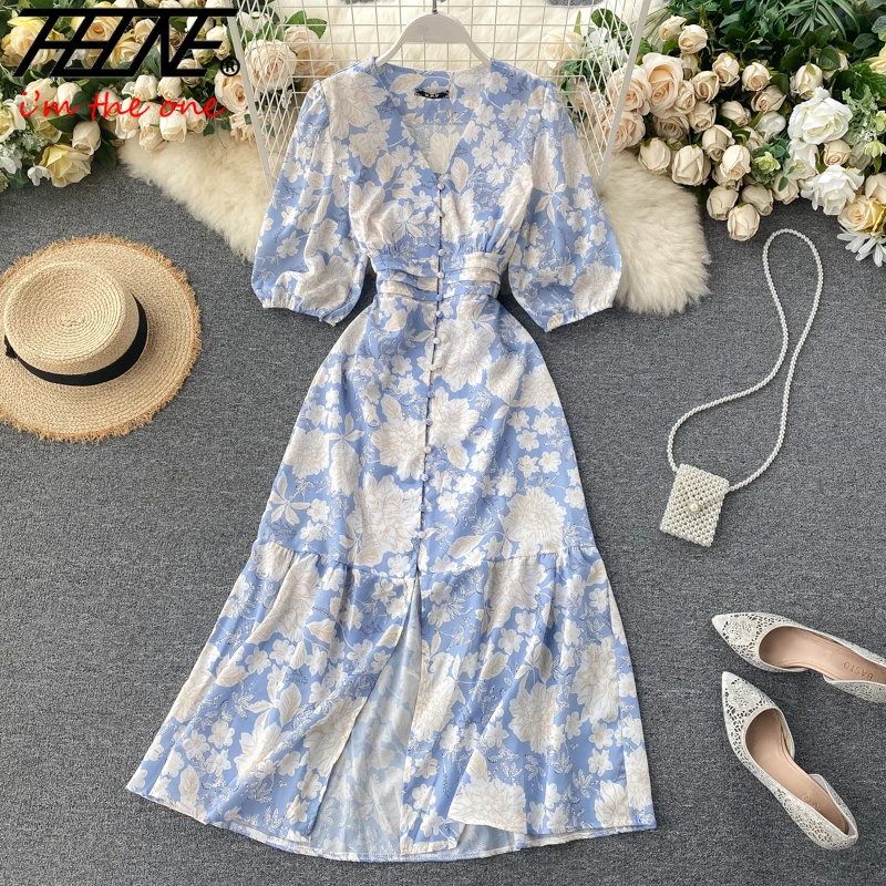 

Женское платье в пляжном стиле, свободное винтажное длинное платье с цветочным принтом, V-образным вырезом и пуговицами на талии, лето