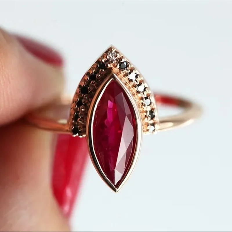 Vintage Bohemian Rhombus 2 in 1 Red Crystal Rose Gold Color Rings For Women Marquise Bridal Fine Ring Wedding Party Jewelry Set ring set gold color rings finger ring gold color ring wedding rings wedding ring jewelry accessories
