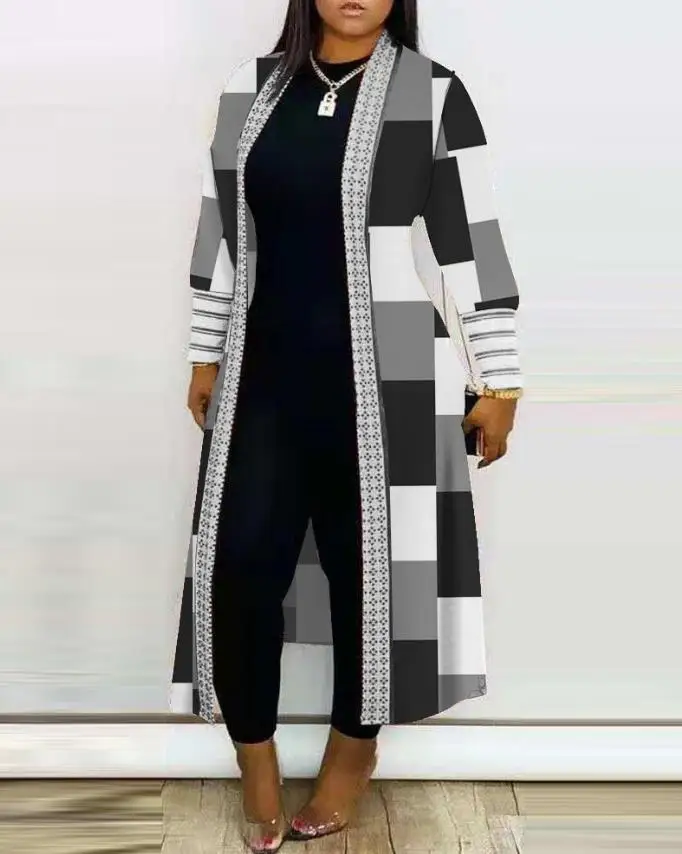 Casual New Fashion 2023 Geometric Print Long Sleeve Open Front Longline Coat Female Clothing Outfits for Women prowow fashion print women clothing set long sleeve shirts hole pant two piece skinny suits 2021 new spring fall bodycon outfits