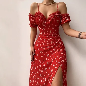 Abito longuette sottile a maniche corte da donna con stampa floreale casual nuova estate elegante con spalle scoperte per le vacanze in club 1