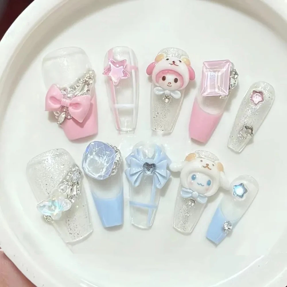 10Pcs Hot Sale Kawaii Sanrio Hello Kitty Kuromi Fake Nail Art Handmade 3D Bowknot Rhinestone Removable Nail Art Girls Gift 5