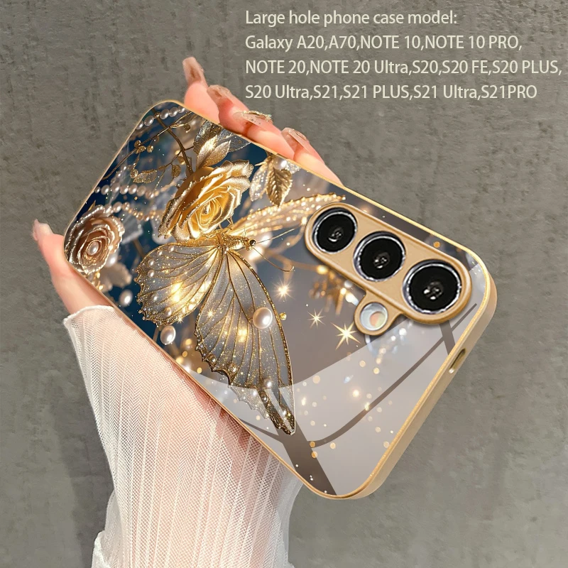 Elegant Gold Butterfly Rose Pattern Phone Case with Protective Glass Cover
