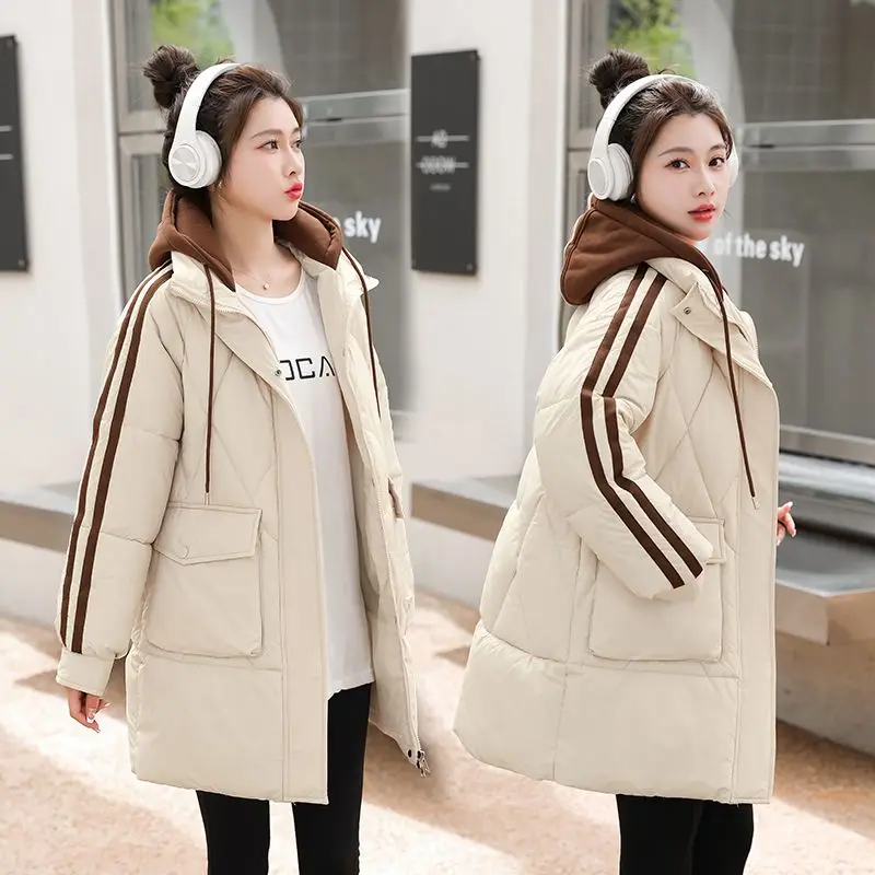 

2023 Winter New Hooded Sports Casual Loose Fit Cotton Dress Women's Mid Length Fake Two Piece Colored Drop Shoulder Long Sleeve