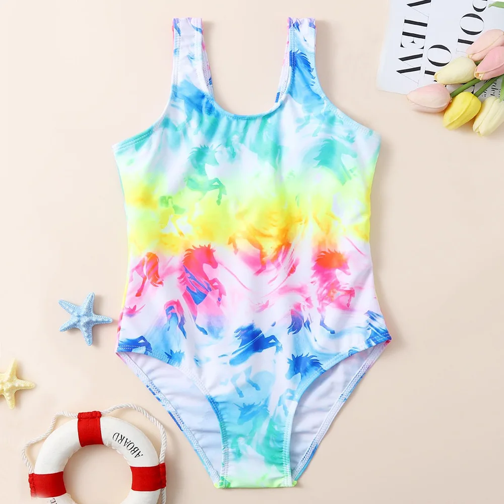 

Tie Dye Unicorn Print Girl One Piece Swimsuit Kids 7-14 Years Children's Swimwear Teenagers Bathing Suit Monokini Beachwear 2022