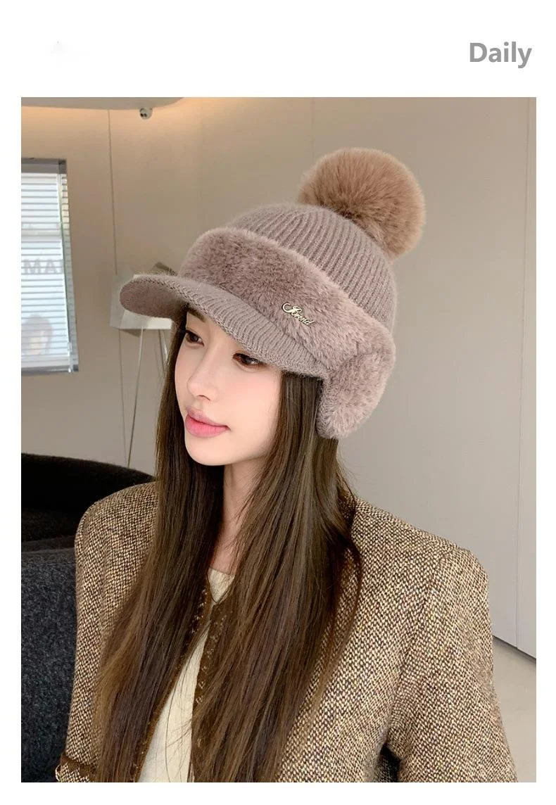 Nuovo berretto da baseball invernale in pelliccia di visone con protezione per le orecchie in pelliccia di coniglio per le donne, moda coreana, tinta unita, semplice cappello lavorato a maglia con palline di lana_voghion.com