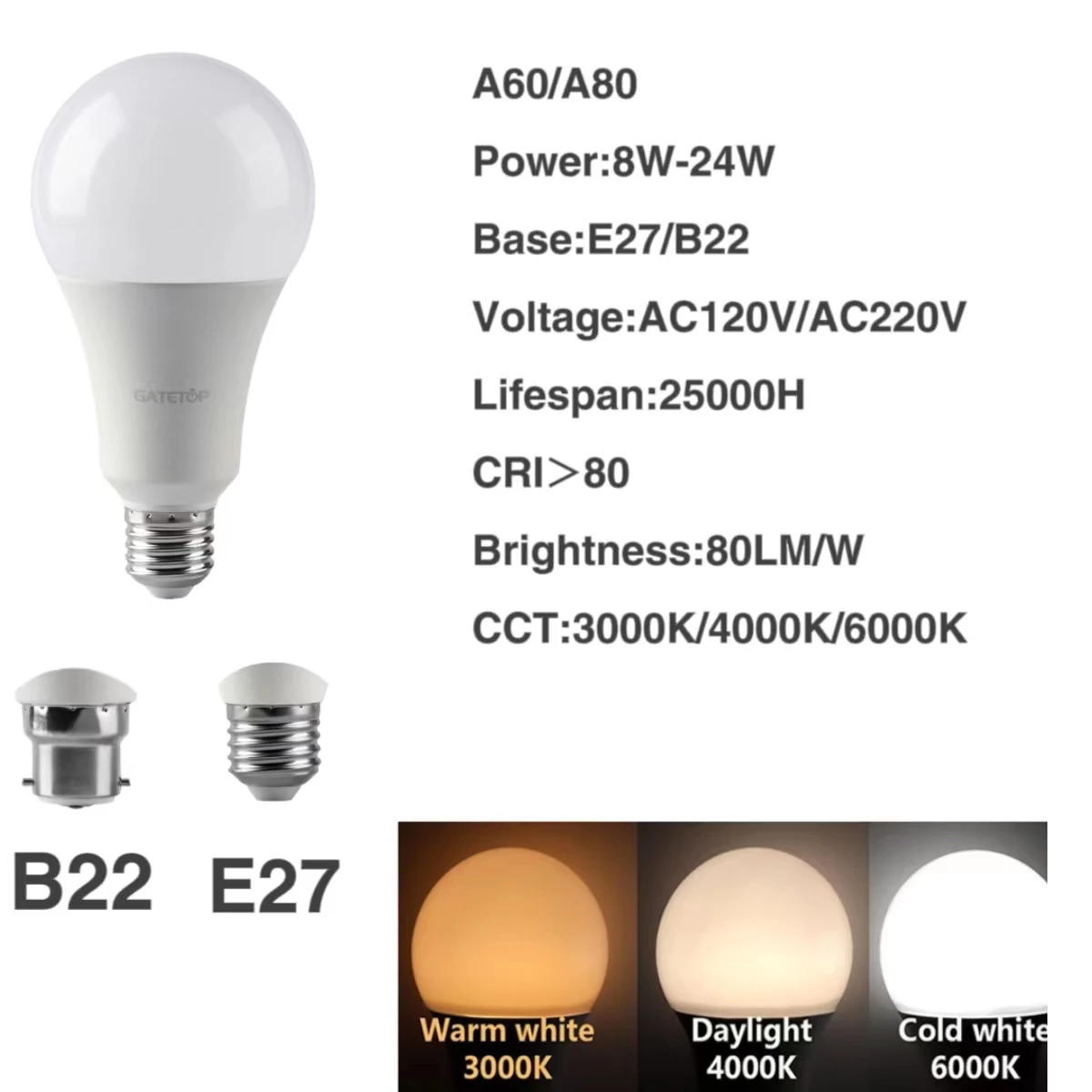 Bombilla Led E27 B22 para interiores, lámpara de 4 piezas, CA 120V/CA 220V, potencia real 8W-24W, color blanco cálido, blanco frío