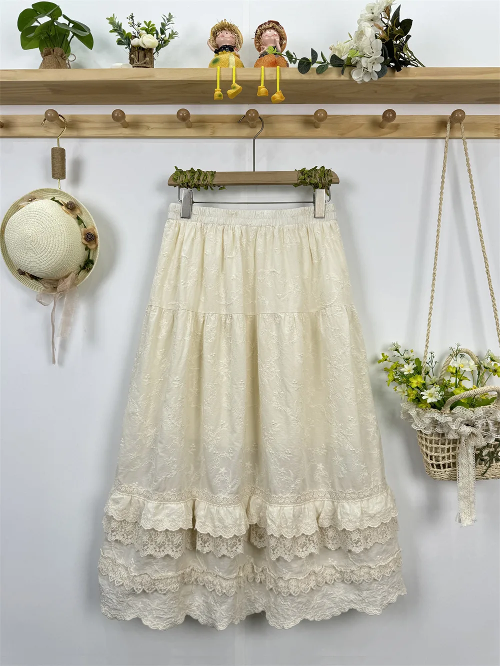 Mori kei cotton lace embroider patchwork skirt for women Japanese