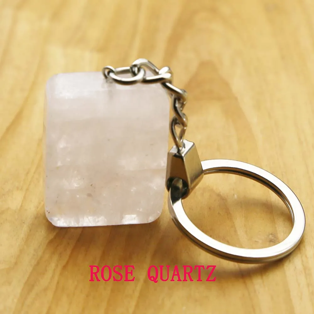 Rose Quartz Natural Gem Stone Quadrate Keyring Friend Key Ring Chain Accessories Women Men Love Keychain Jewelry Gift Lady Charm