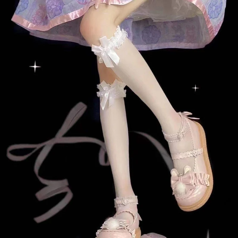 ARESU Calze da donna Lolita a rete alte alla coscia stile giapponese sopra il ginocchio calze lunghe pizzo arricciato con volant Kawaii ragazze calze al ginocchio bianche-nero