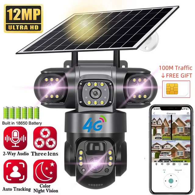 Solar 4G Camera With Sim Card 12MP 6K Three Lens Three Screen Monitor Night Vision Security Protection PTZ Video Surveillance 1