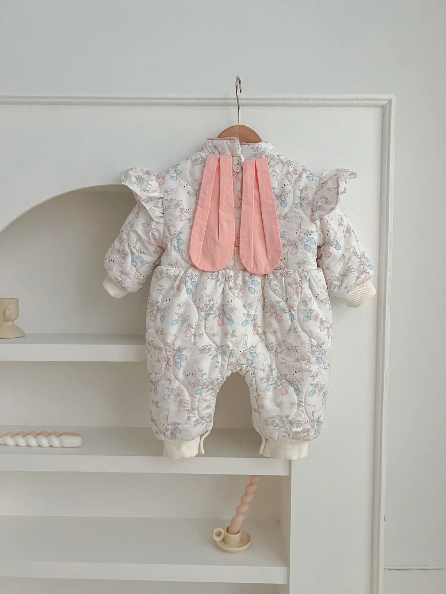 23 Winter Baby Girl Baby Cute Rabbit Ear One Piece Cotton Coat with Plush Outgoing Kids Onepiece Fashion clothing