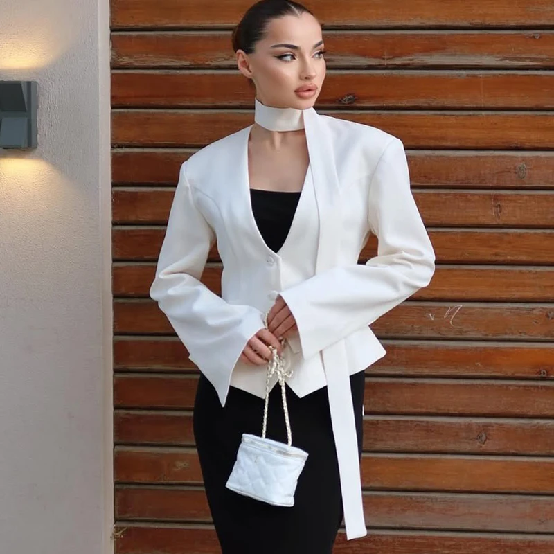Ticketsx V Neck Scarf Blazer Jacket Women' Elegant Cinched Waist Single...