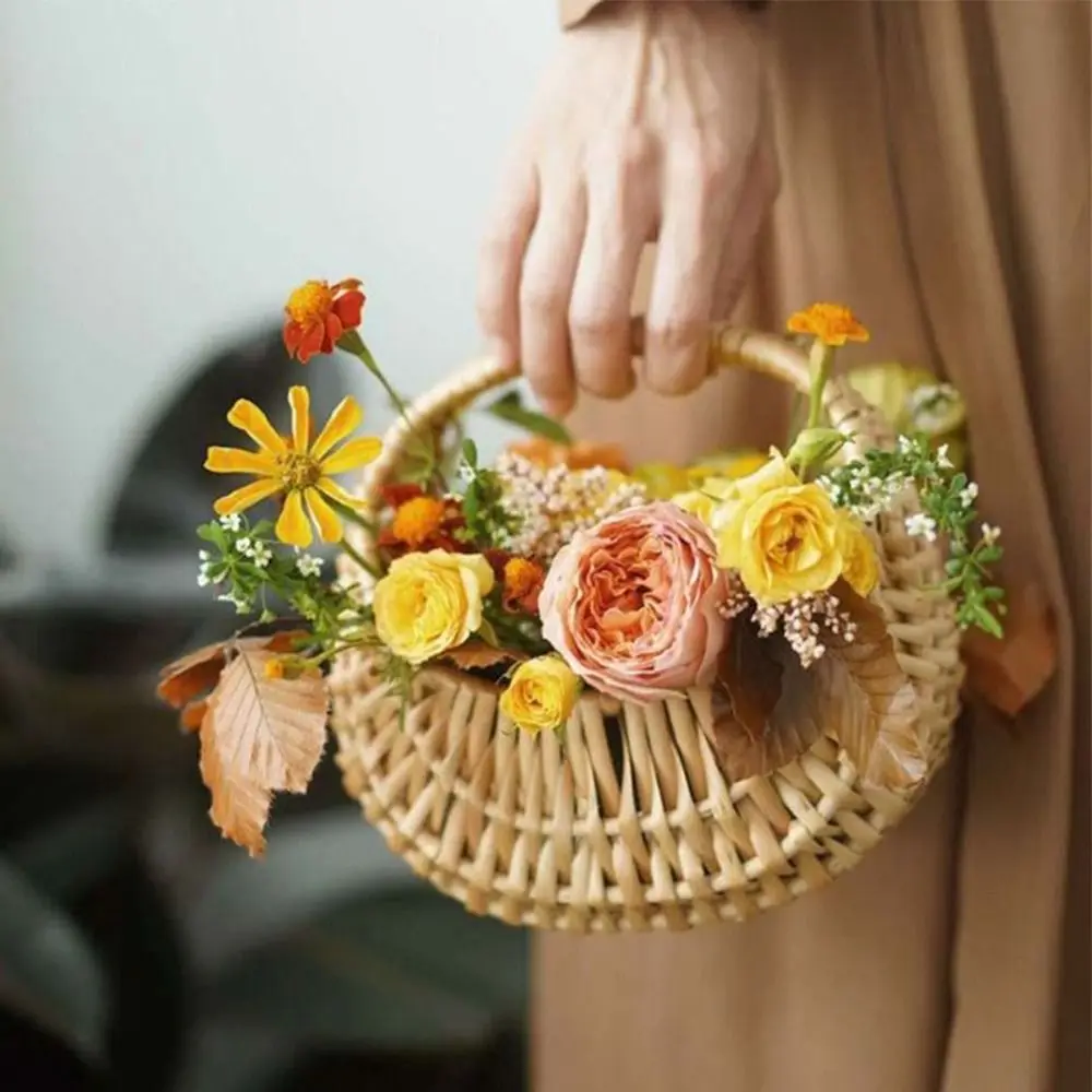 Small Flower Basket Flower Arrangement Basket Willow Rattan Woven Basket Wicker Half Moon Storage With Handle Flower Baskets 2