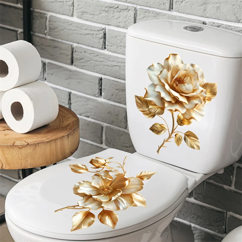 Toilet Sticker 1 Sheet Golden Flower Bathroom Toilet Cover Decorative Waterproof Self Adhesive
