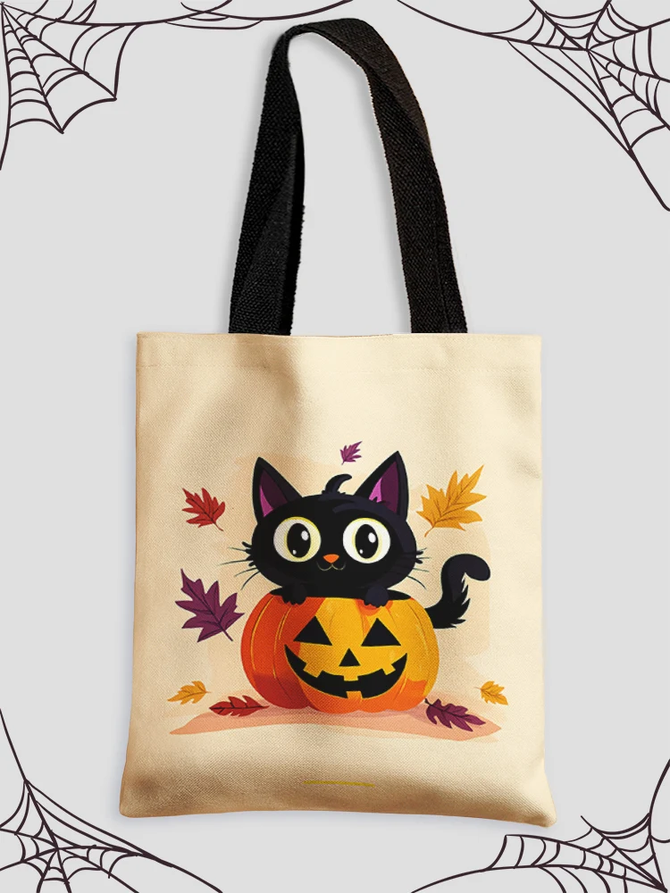 Halloween cartoon pumpkin and black cat pattern printed casual handbag, reusable fashionable shopping bag