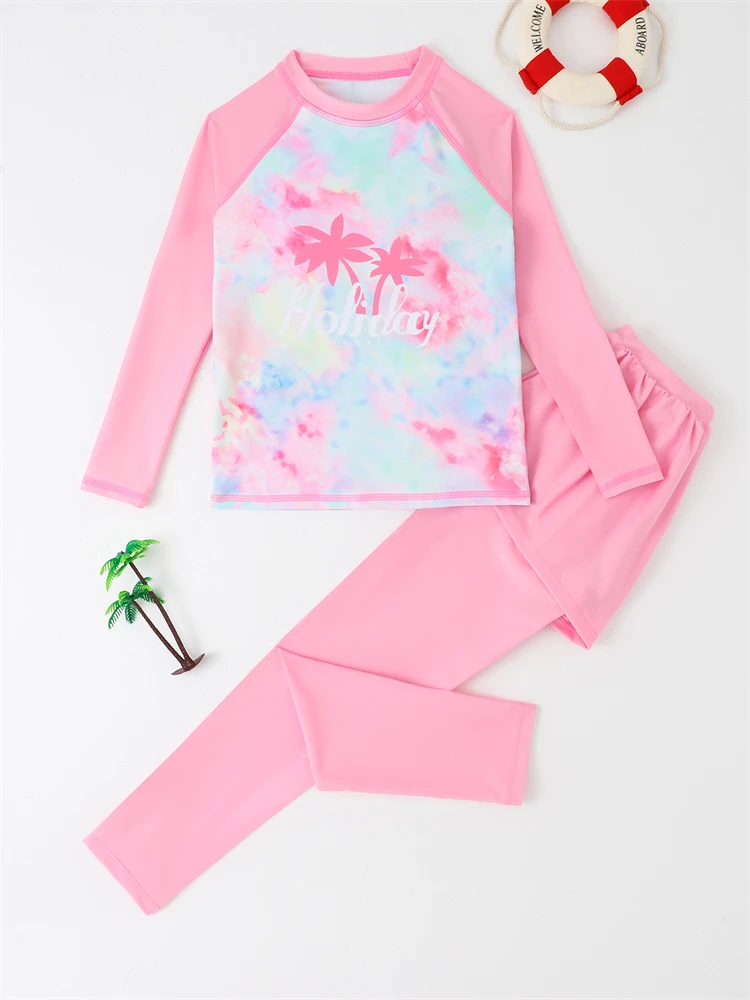 Girls Swimsuit Girls Kids Swimsuit Tie Dye Long Sleeves Trousers Children Swimwear Two Piece Summer Coconut Tree Beach Bathing Suit