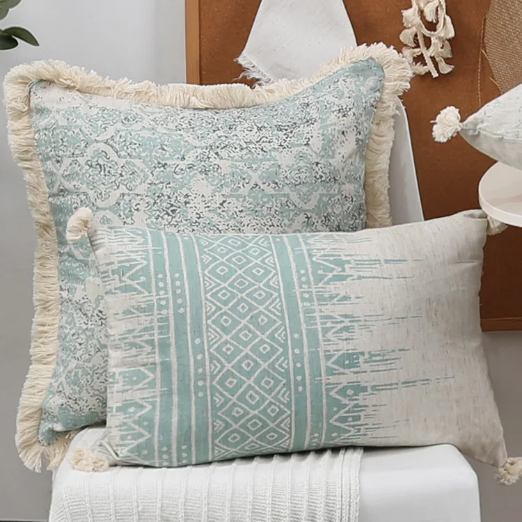 Grünes Baumwollleinen mit Kissenbezug, 45 x 45 cm/30 x 50 cm, Vintage-Kissenbezug mit Quasten für Heimdekoration, Wohnzimmer, Retro – Detail 6