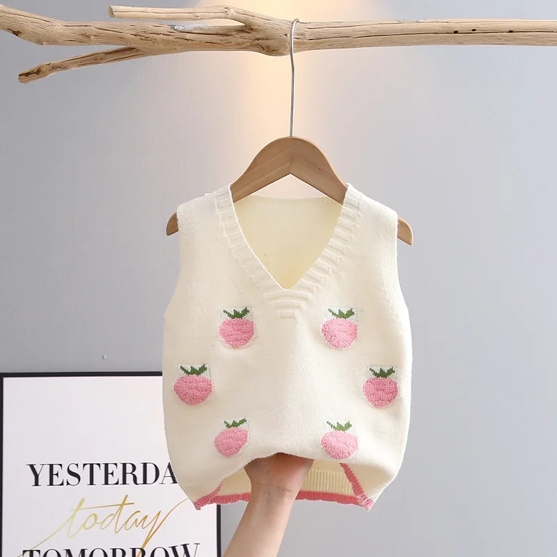 Kids vest Sleeveless Sweater for Girls Spring Fall V-neck Children Knitwear Baby Girl Knit Vest Cartoon Strawberry Kids Waistcoats GY03083