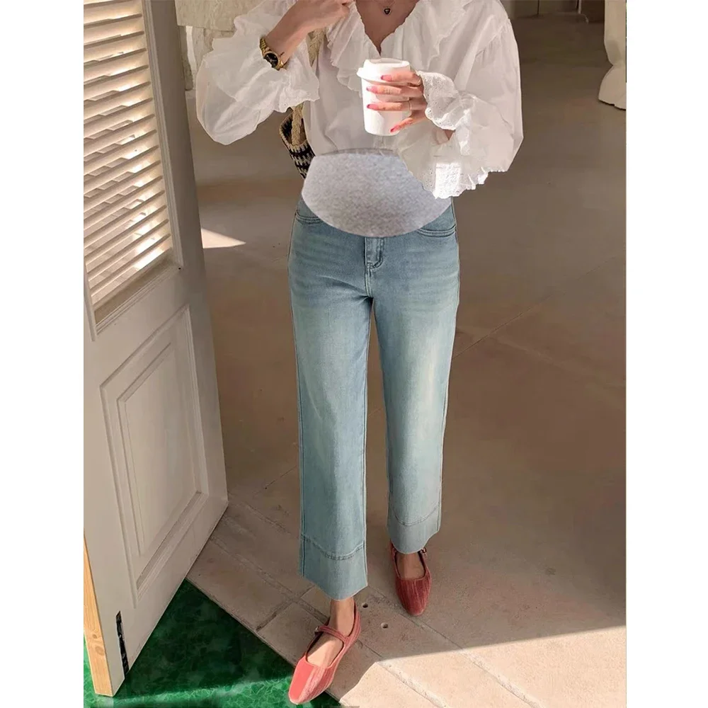 Vintage Stretch Light Denim Maternity Jeans Spring Summer Wide Leg Straight Cropped Pants for Pregnant Women Pregnancy Youth maternity jeans