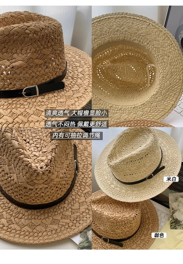 Stroh-Cowboyhut für Damen und Herren Klassischer Vintage Ausgehöhlter Unisex Sonnenhut mit Breiter Krempe Anglerhut Klettermütze – Detail 12