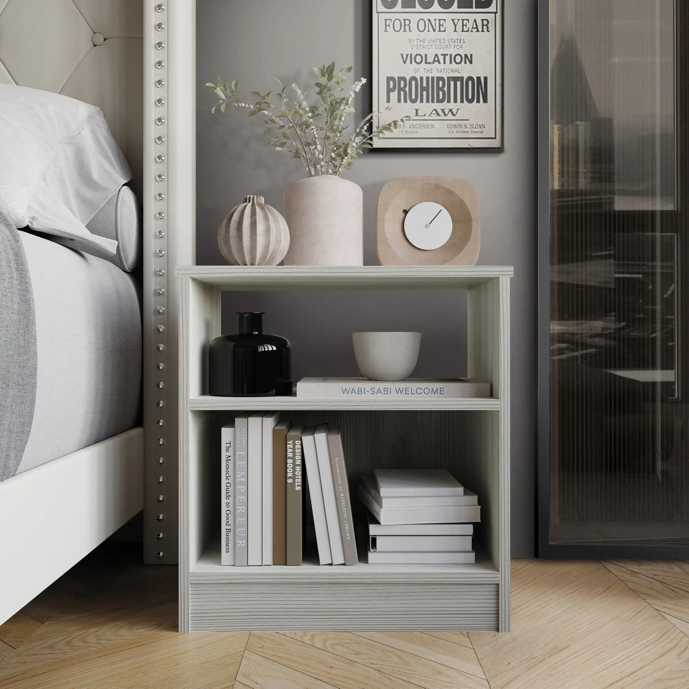 

Castle Place Minimalist Nightstand with Shelf, Light Gray