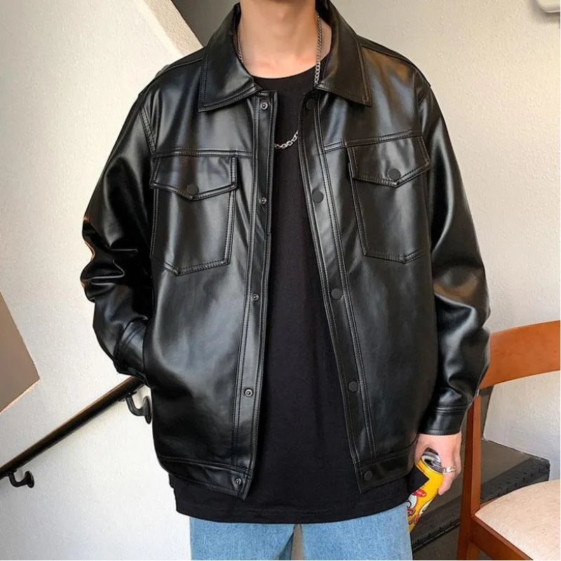 남성용 솔리드 폴로 넥 단추 포켓, 루즈 긴팔 가죽 가디건 재킷, 캐주얼 통근 코트, 가을 및 겨울 패션