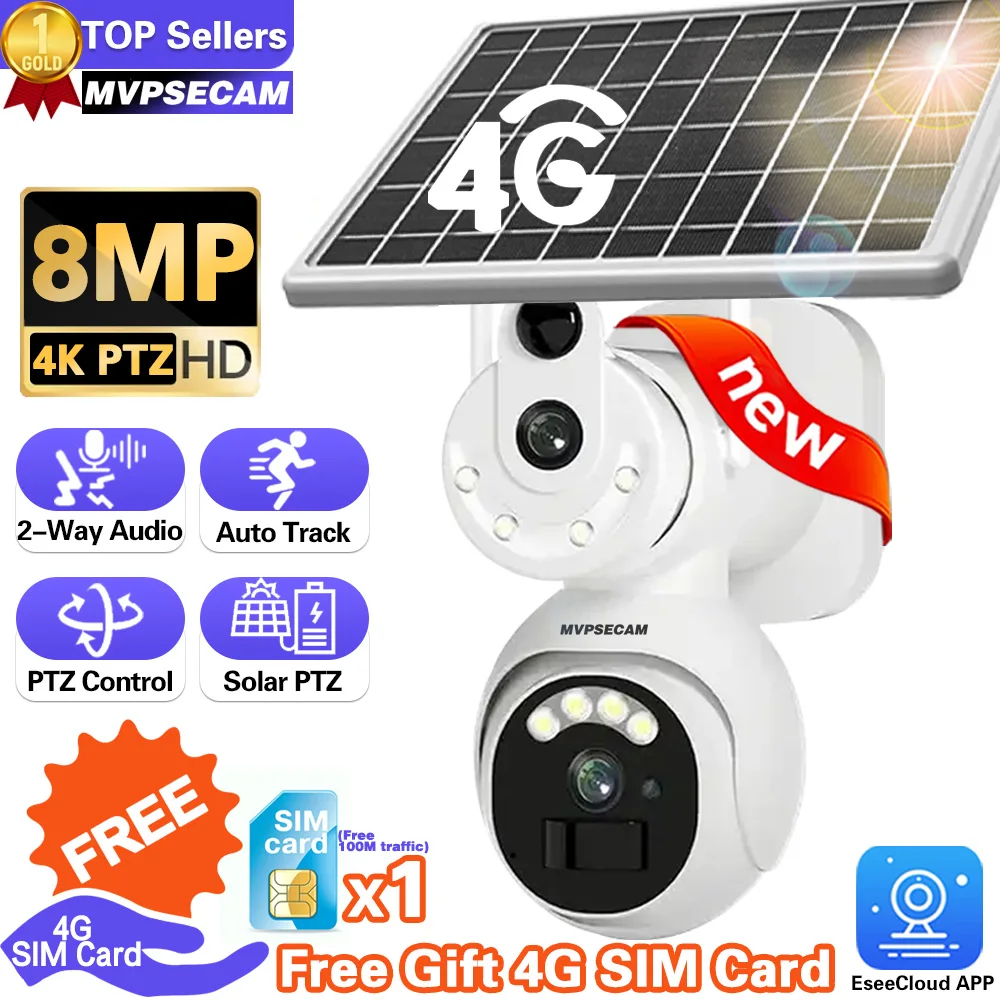 4K 8Mp 4G Sim Card Telecamera Solare Wireless Dual Lens Dual Screen Wifi Ip Cam Sicurezza Esterna-Protezione Videosorveglianza Ptz
