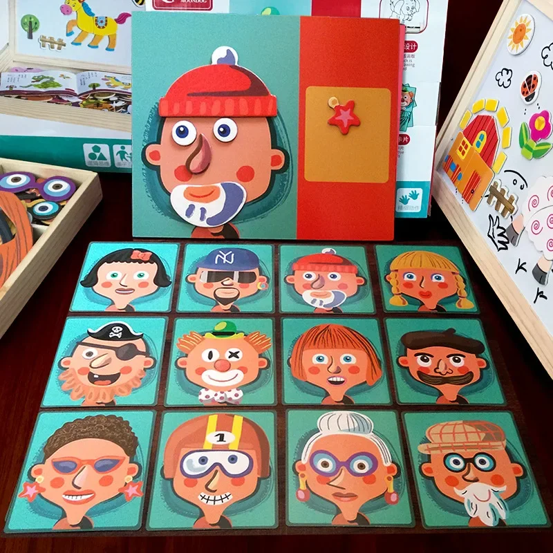 

Educational Toys Magnetic Puzzle Cognitive Pairing Beneficial Intelligence Magnetic Paste Face Features Wooden Toys for Kids