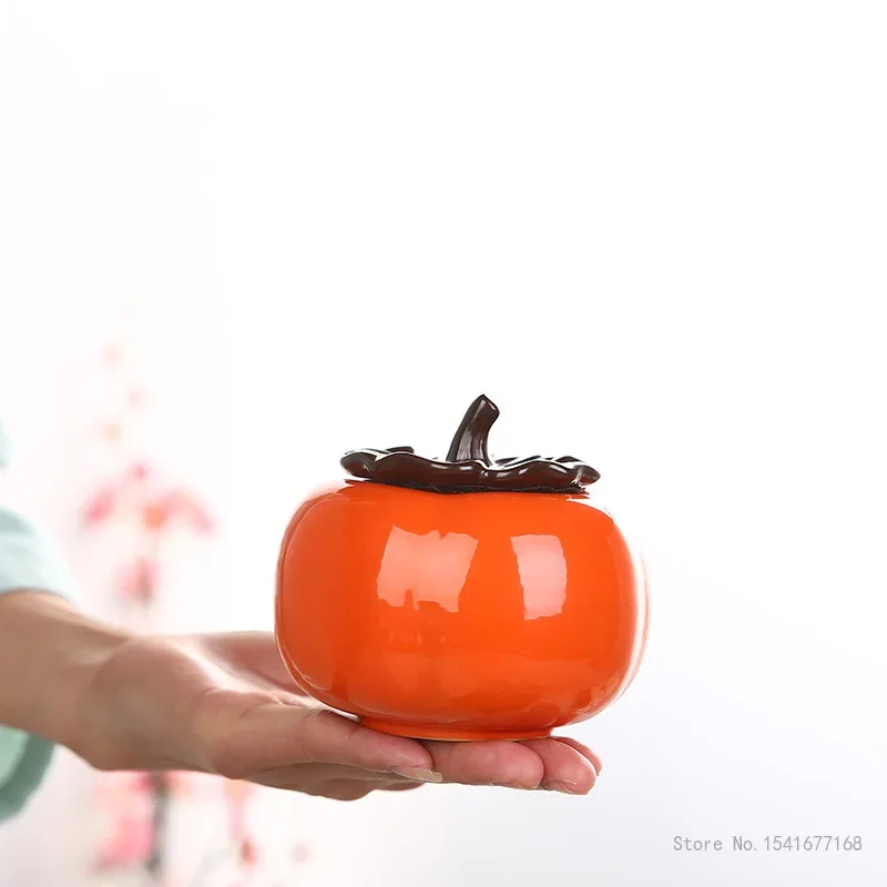 Persimmon Shaped Tea Pot, Creative Ceramic, Green, Orange, Small Size, 8.8x8cm, Household Tea Room Items, 1Pc