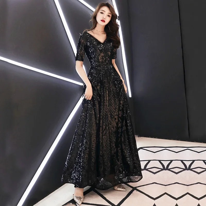 It's Yiiya Customized Evening Dresses V-neck Sparkling Navy Blue Sequins  Robe De Soiree Short Sleeve Elegant Long Evening Dress - AliExpress 320