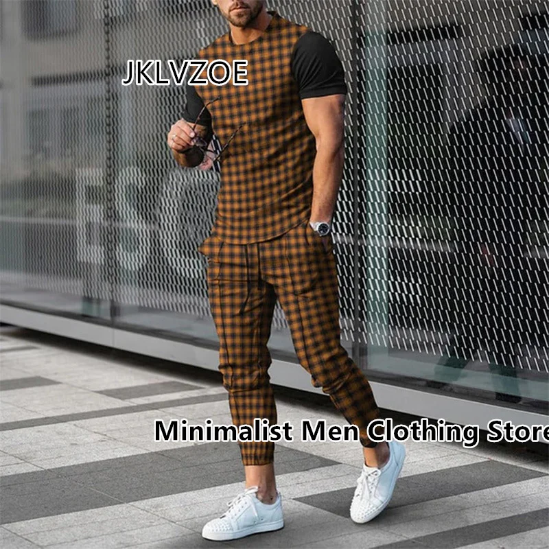 Men's Trousers Tracksuit 2 Piece Set Plaid 3D Print Short Sleeve T Shirt+Long Pants Jogger Suit Casual Streetwear Clothes