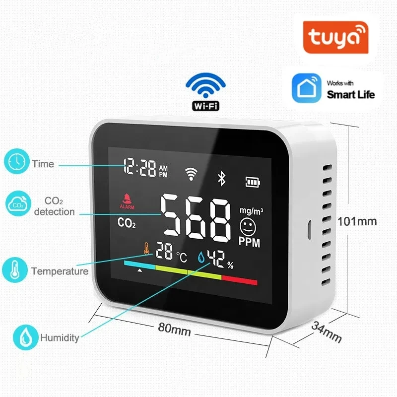 Tuya-wifi Inteligente Caixa do Medidor de Co2 Exato Tempo Real Detector de Alarme de Fumaça Interior para Ventiltie Corona Segurança Sensor de Dióxido de Carbono