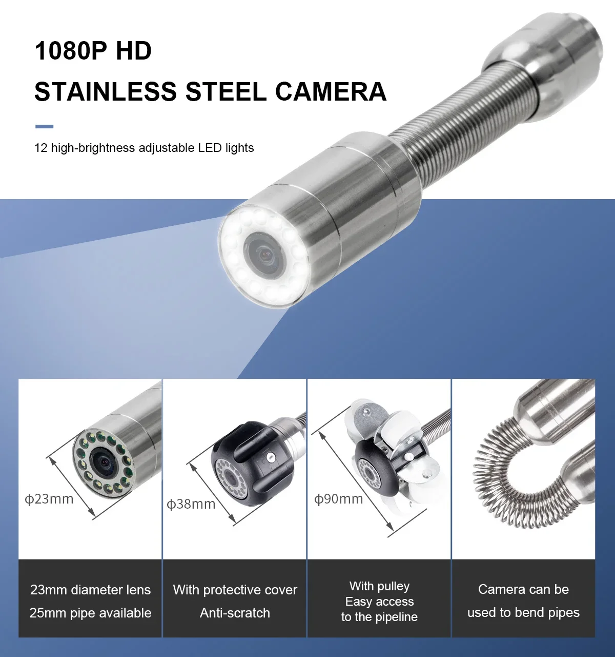 HD Well Pipe Inspection Video Camera Head Drain Sewer Pipeline Industrial Endoscope Accessories Deep Down Hole Detection