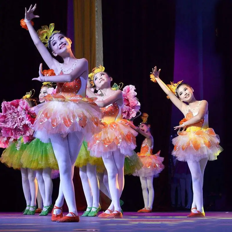 

Orange Jasmine Lotus Flower Bubble Dance Costume For Girls School Dance Dresses Cute Sleeveless Festival Clothes