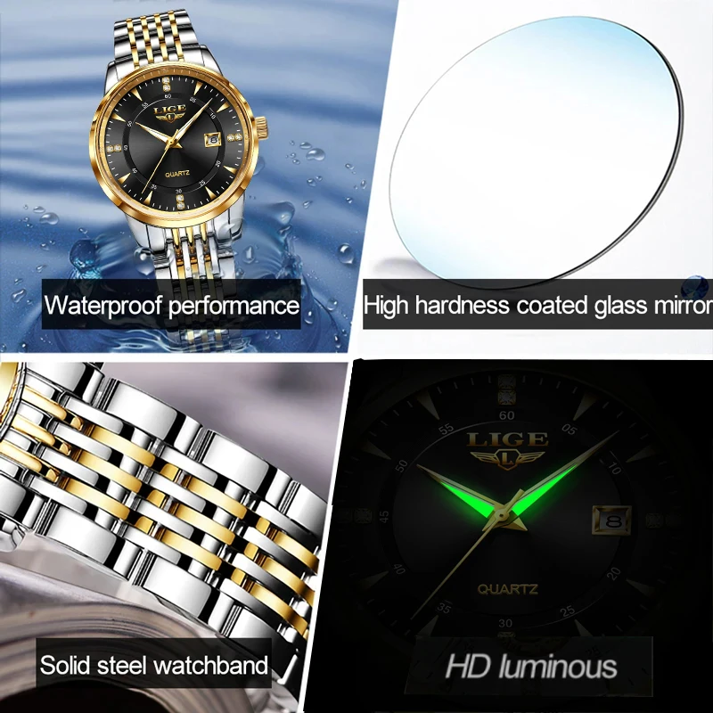 LIGE Fashion Women Watch Top Brand Luxury Waterproof Women's Quartz Wristwatches Casual Sports Date Chronograph Montre Femme