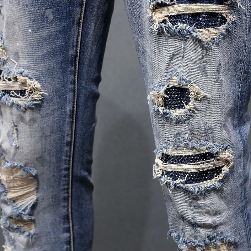 Street Fashion Men Jeans Retro Blue Stretch Skinny Fit Hole Painted Ripped Jeans Men Bead Patched Designer Hip Hop Brand Pants
