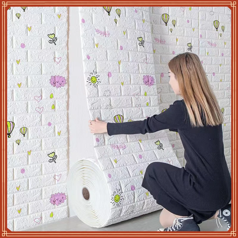Roll of 1M 3D Brick Pattern Wall Stickers Bedroom Decoration Waterproof Self-adhesive Cartoon Cute Wallpaper Living Room Kitchen