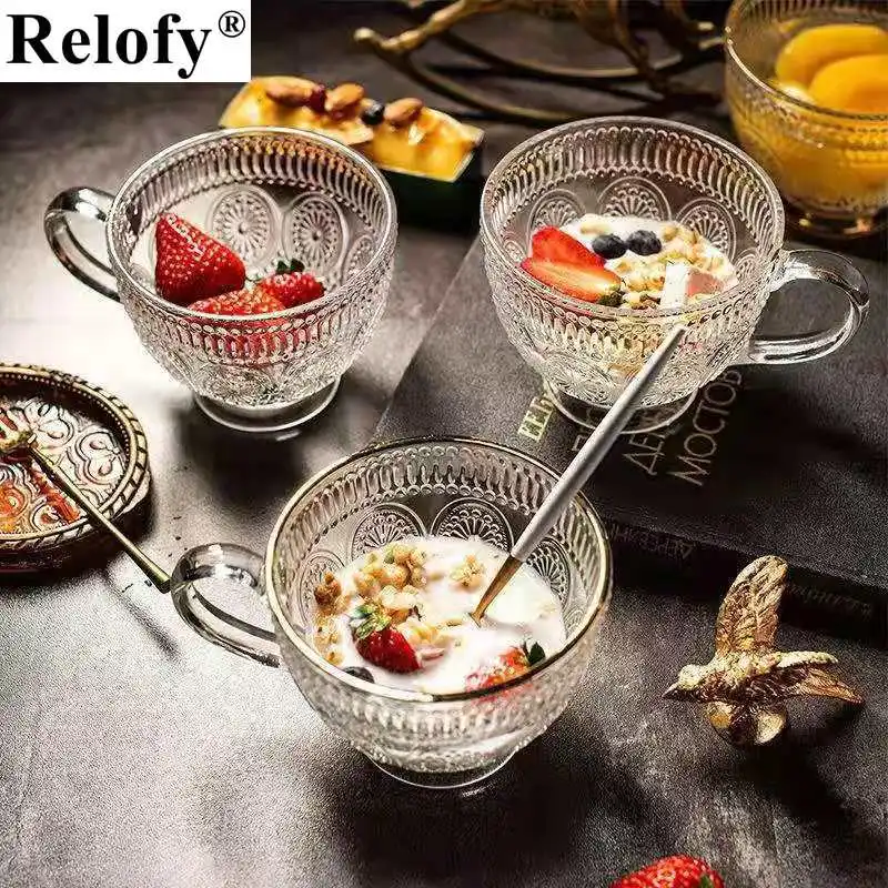 400ml Whiskey Glass Fruit Milk Mug Cute Glass Cup Breakfast Mug Household Glass Water Mug Handle Capacity Oatmeal Mug