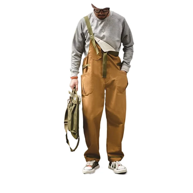 

Celana panjang lurus longgar suspender Retro gaya Amerika celana panjang lurus Bib celana kargo Jumpsuit antik-coklat muda