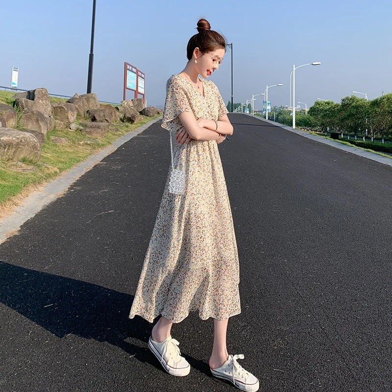 أنيقة الخامس الرقبة فستان طويل التخسيس الأزهار طبا...