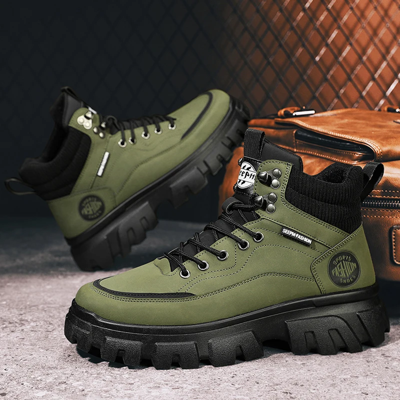 

Men Tactical Autumn Winter Boots Mens Casual High Top Platform Leather Shoes Cowboy Ankle Boots Outdoor Walking Camping Sneakers