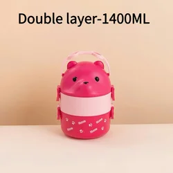 Portable Insulated Cartoon Bear Lunch Container - Stackable 2 - Layer Bento Box (Double Layer - Pink)