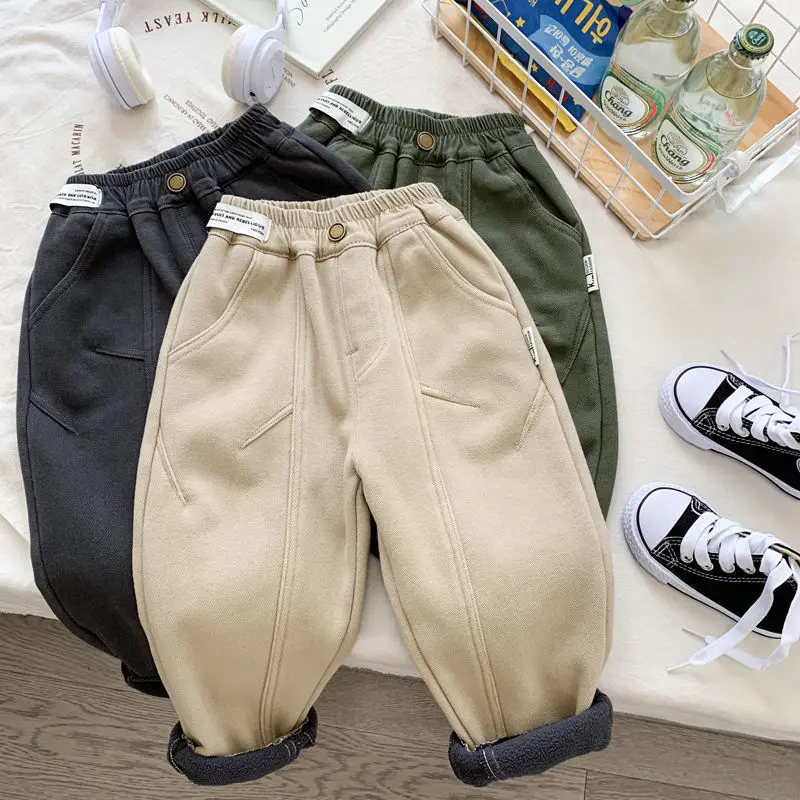 

Winter Kids Solid Fleece Cargo Pant Boy Ankle Length Sweatpant Autumn 2+y Young Child Clothes Girls Elastic Waist Sport Trousers