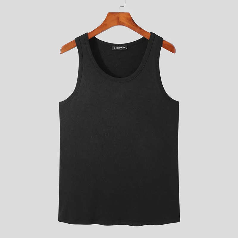 Casual Solid Color Woven Tank Tops Men Fashion Slim Fit Crew Neck