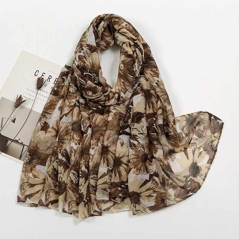 Cotton Linen Scarf for Sun Protection, Floral Print with Soft Touch Scarf, Fashionable and New 2