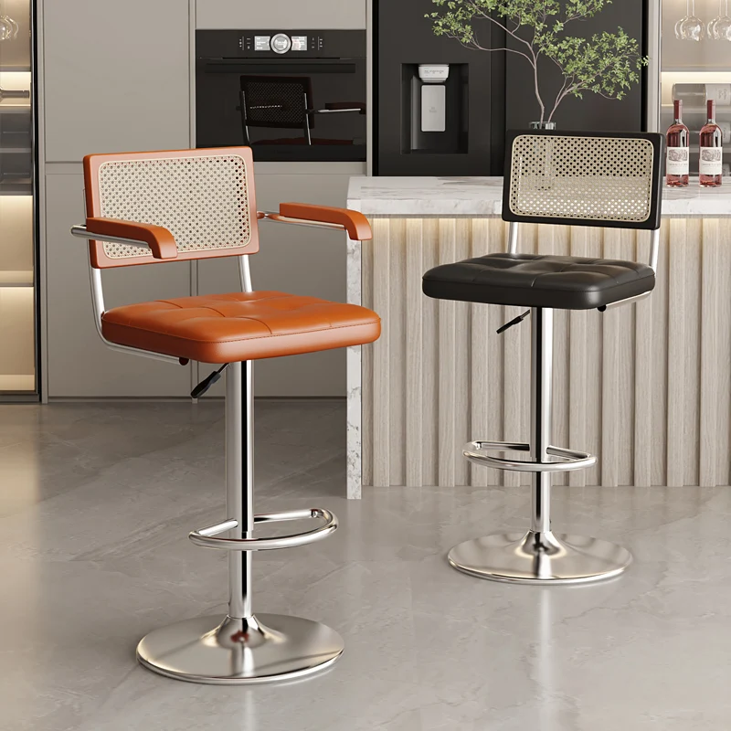Luxe Retro Bar Seat Adjustable Rattan Backrest Chair Swivel Front Desk Checkout Foot Stool Home Kitchen Island Dining Seat